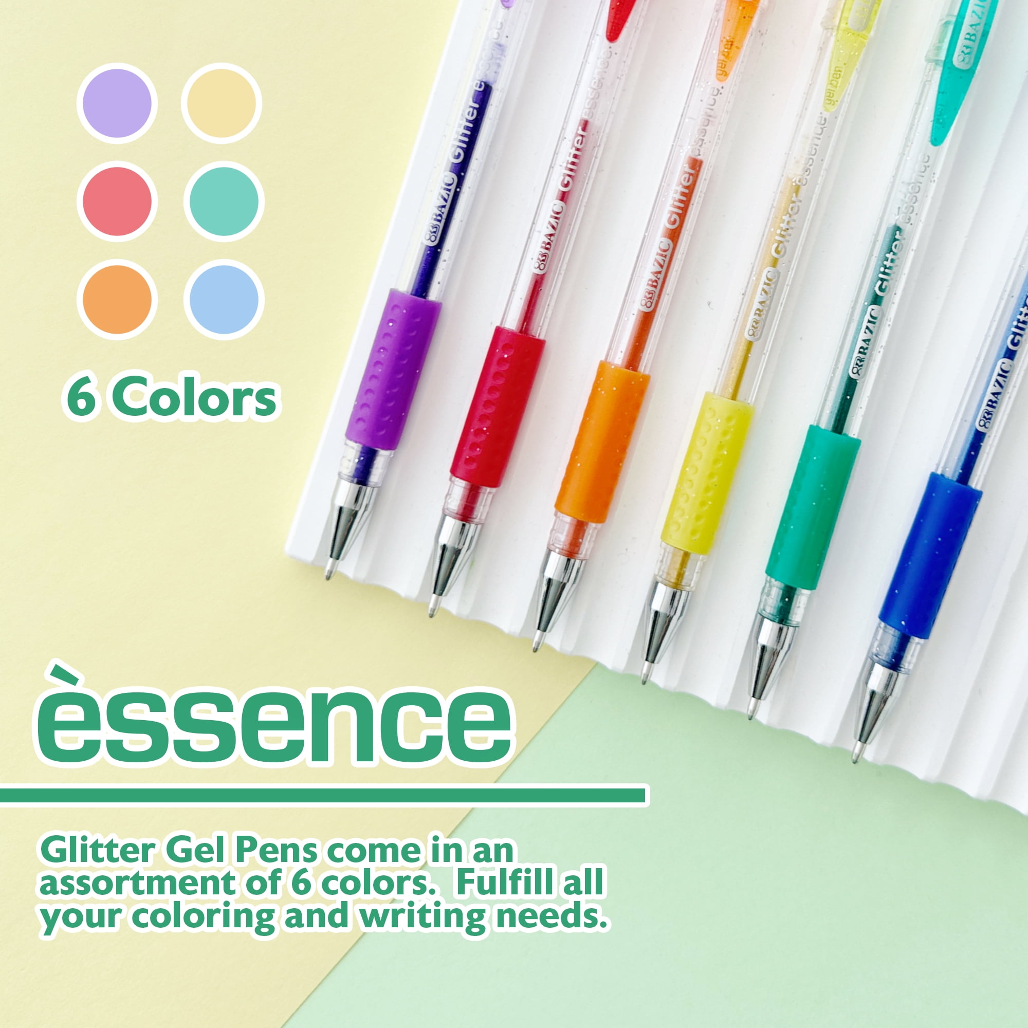 BAZIC Essence Gel Pen 1.0mm Glitter Color, Comfort Grip, (6/Pack), 24-Pack