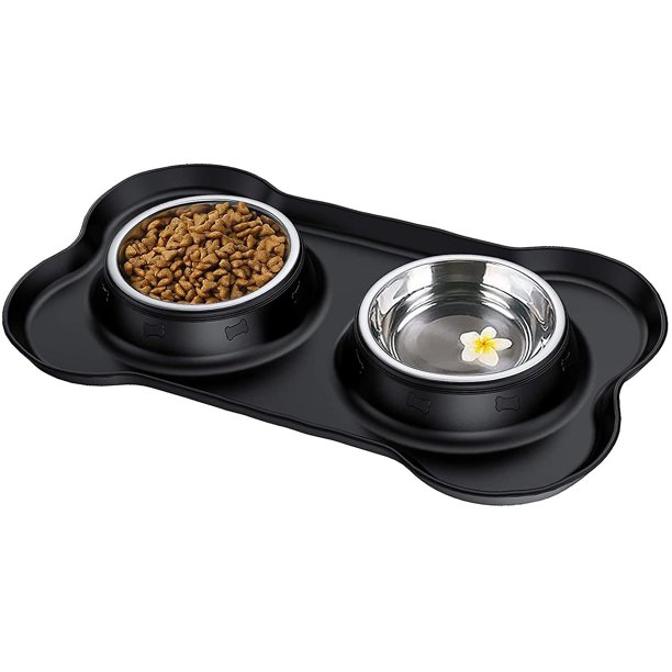 Tazón pequeño de 2x170ml para perros y gatos, cuenco antideslizante de acero inoxidable antidesbordamiento y antiderrame, tazón doble de acero inoxidable con estera de silicona Feliz Sencillez