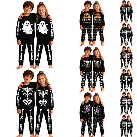 Kcolen Halloween Skeleton Graphic 2âPiece Pajamas Set, Long Sleeve Shirt Elastic Long Pants Sleepwear Loungewear Halloween Gifts Outfit