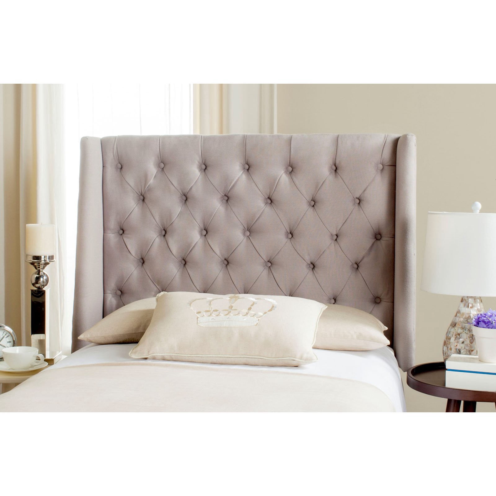 Safavieh London Retro Winged Tufted Headboard with Flat Nail Heads, Twin, Taupe Linen