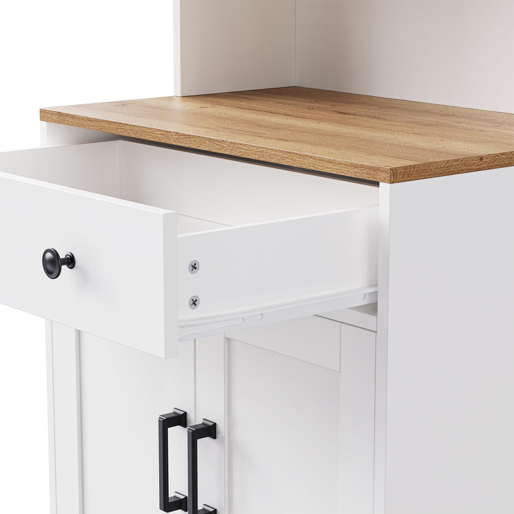 MAYEERTY Farmhouse Kitchen Storage Cabinet: 4 Solid Wood Gourd Shaped Legs&5 Tier Bookshelf with Drawer, Black
