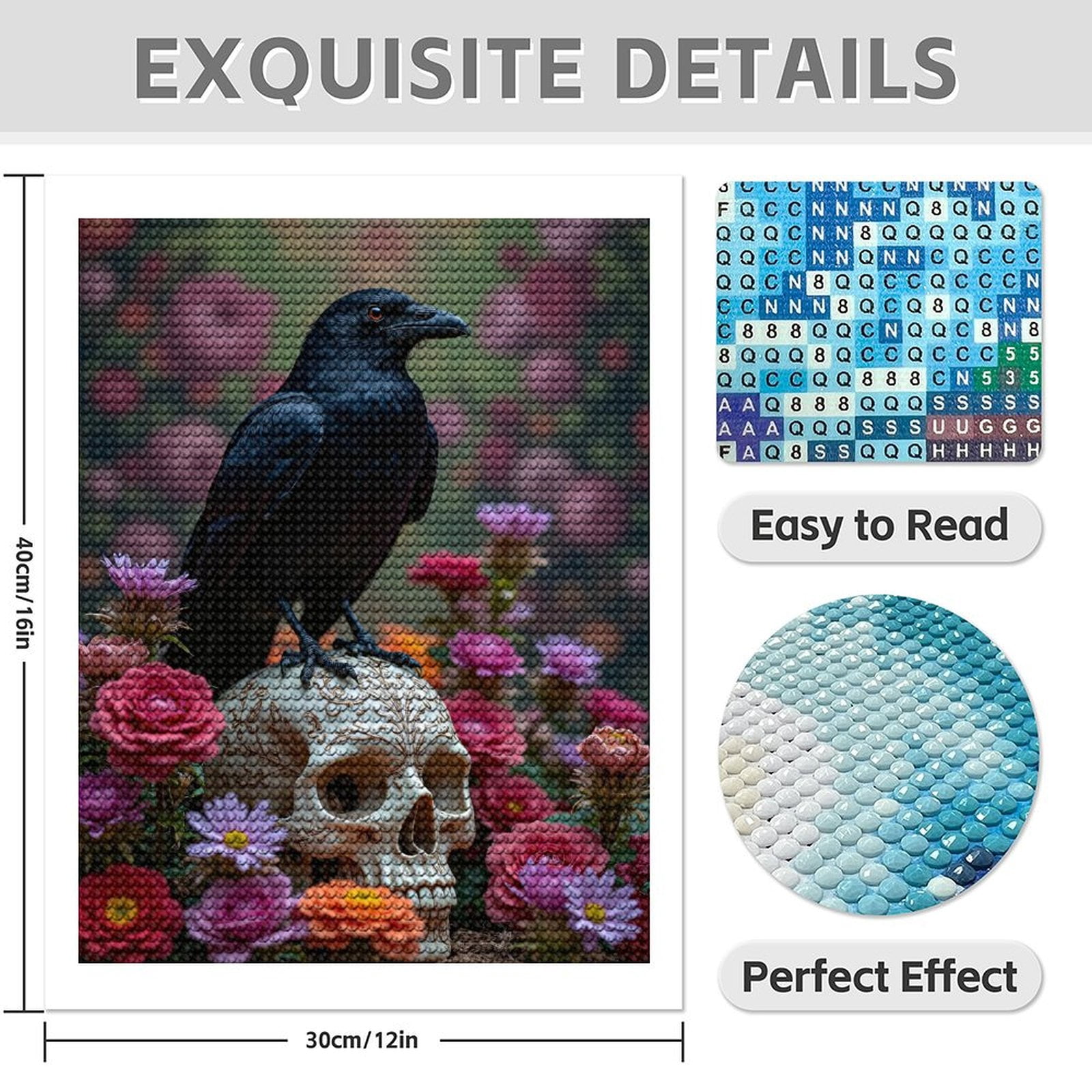 Diamond Art Kit for Adults, Raven Skull Floral Arrangement Diamond Painting for Adults Beginners, DIY Diamond Art Painting Kits, 5D Diamond Painting Crafts for Home Decor 12x16 Frameless