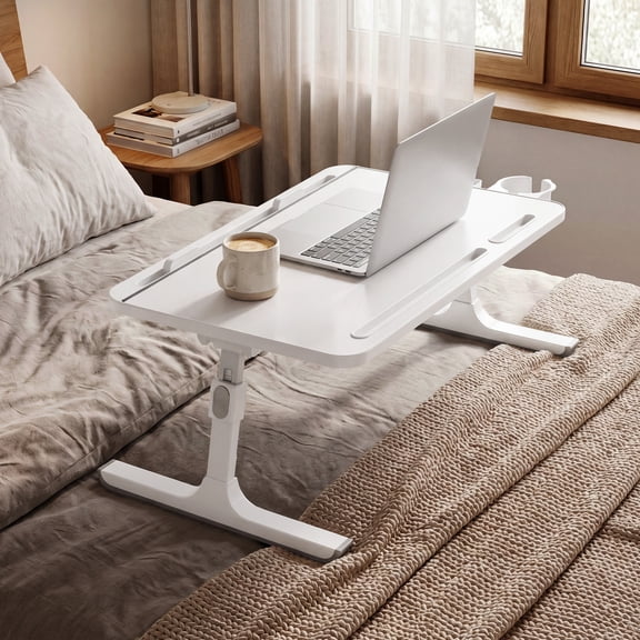 LEDREM Lap Desk Table, Adjustable Height, 120° Tilt, Large 56 x 40 cm Desktop, Foldable Laptop Bed Tray, White