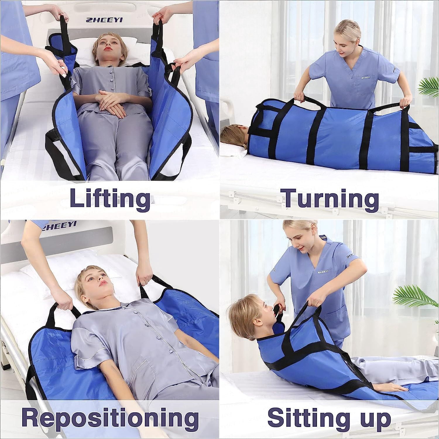 Multipurpose 48" x 40" Positioning Bed Pad with Reinforced Handles - Reusable & Washable Transfer Sheet for Turning, Lifting & Repositioning - Double-Sided Nylon Fabric, Blue
