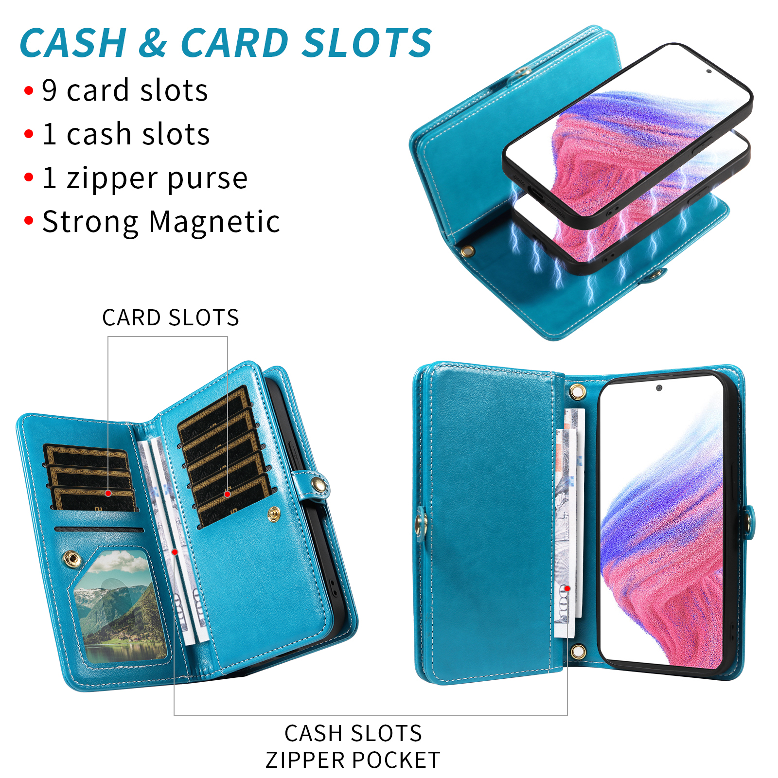 Asuwish Phone Case for Samsung Galaxy A53 5G Zipper Wallet Detachable Cell Cover with Tempered Glass Screen Protector Crossbody Strap Flower Flip Card Holder A 53 G5 53A SM A536U 6.5" 2022 Women Blue