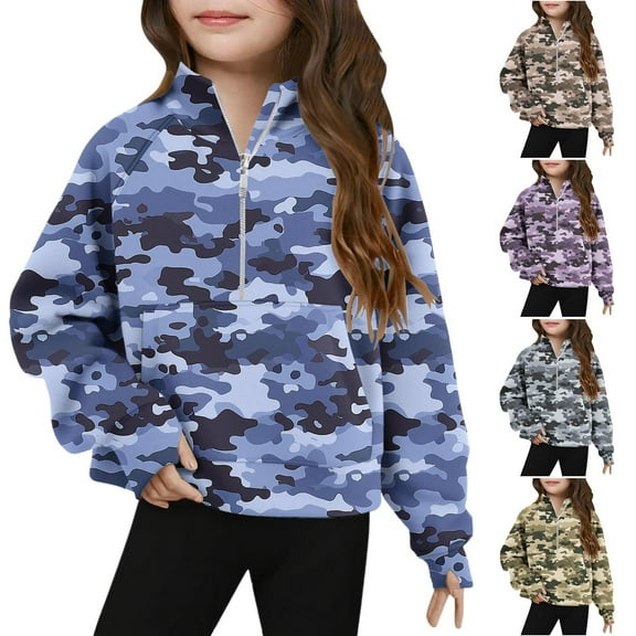 Mwjwdo Girls Half Zip Camouflage Sweatshirt Stand Collar Loose Graphic Tee Tops Long Sleeve Pullover Casual T-Shirts for 5-14 Years Blue 13 Years