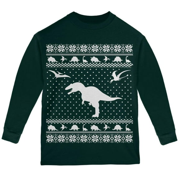 Dinosaurs Ugly XMAS Sweater Forest Youth Long Sleeve T-Shirt - Youth Large