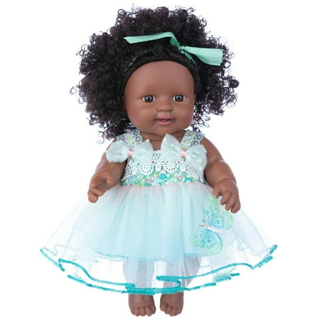 

New Realistic Black Skin African Black Baby Cute Curly Hair Lace Skirt 12 INCH Vinyl Baby Toy Kids Birthday Gift Festival Present