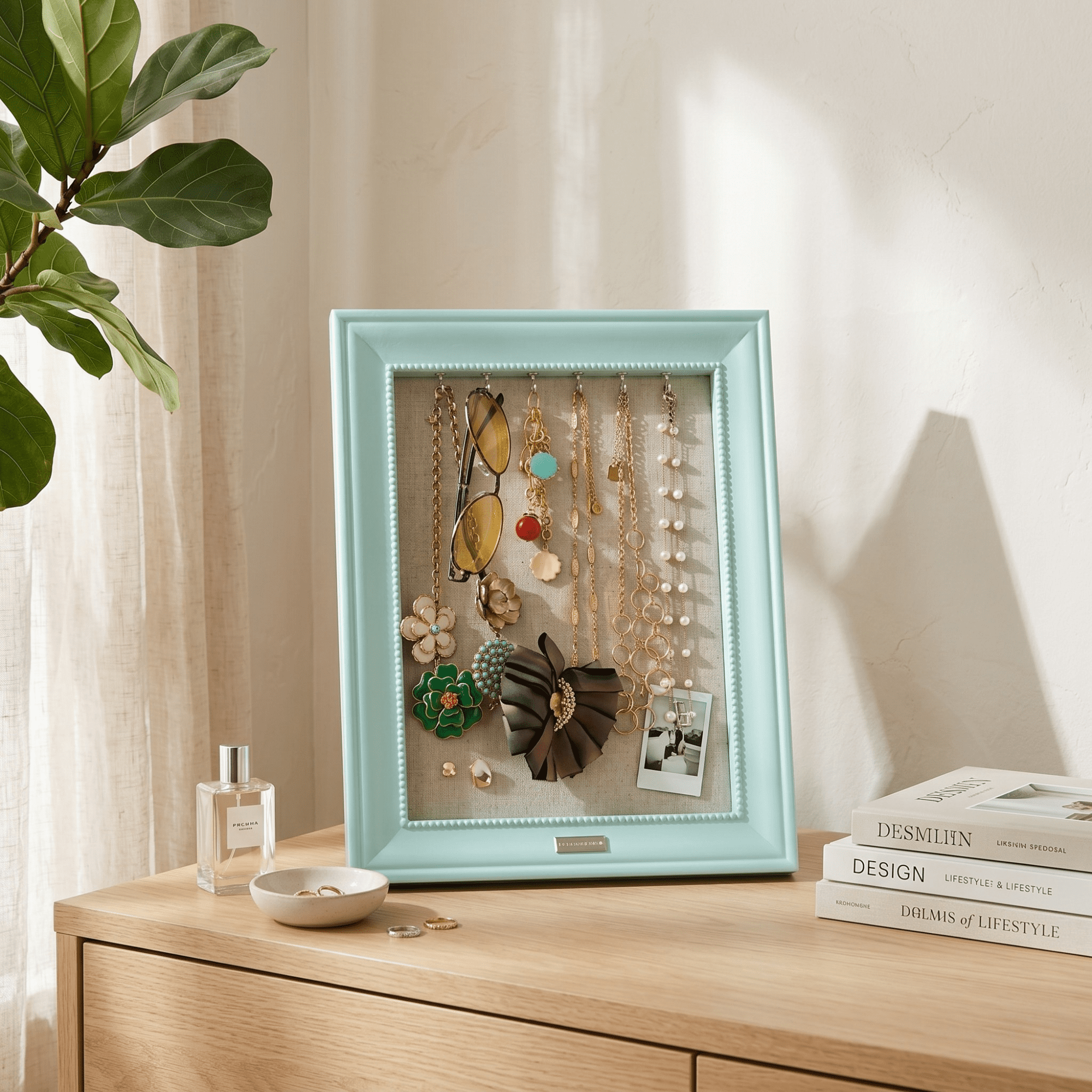 Hives and Honey Women's Medium 15" x 12" Seafoam Jewelry Frame Organizer with Necklace Hooks and Linen Pinboard