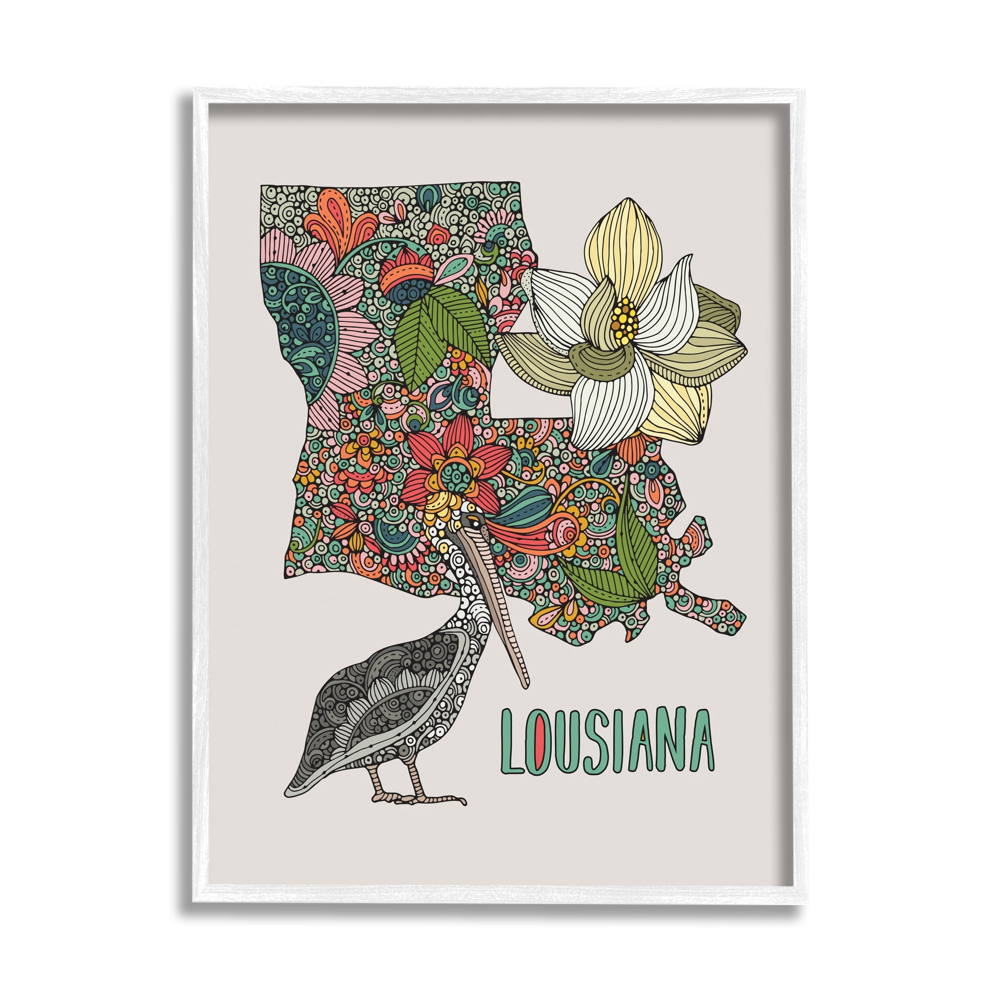 Stupell Industries Blooming Louisiana Magnolia State Pelican Intricate Patterns Graphic Art White Framed Art Print Wall Art, Design by Valentina Harper