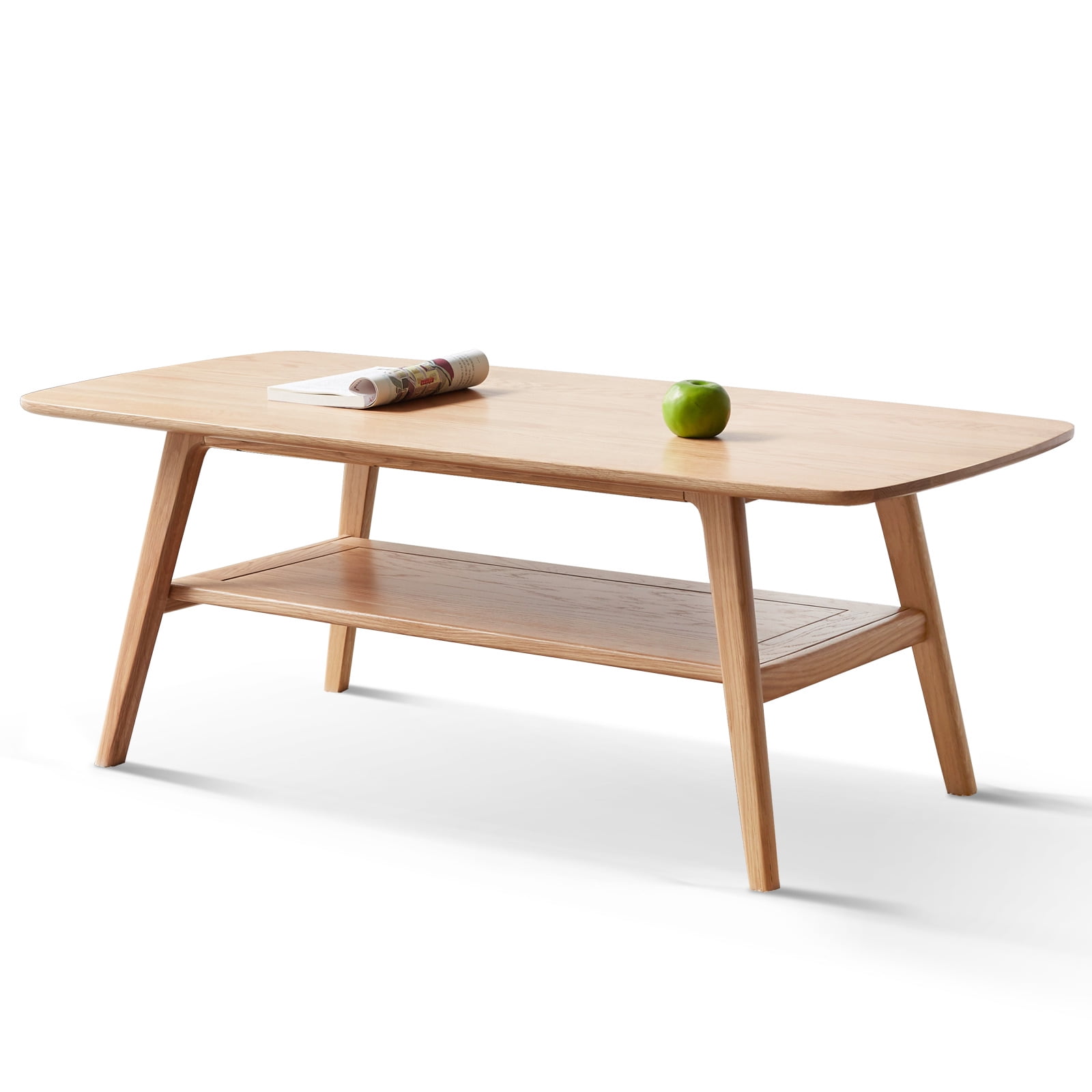 MAYEERTY Natural Oak Solid Wood Coffee Table with Storage Shelf – Modern Rectangular Center Table for Living Room & Home Office