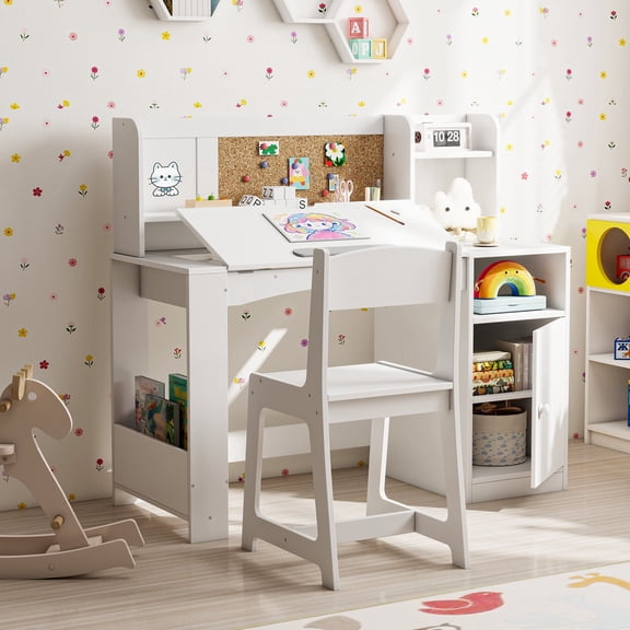 Reasea Kids Study Desk and Chair Set with Tiltable Desktop, Hutch & Storage - Wooden Writing Table for Ages 5-12,White