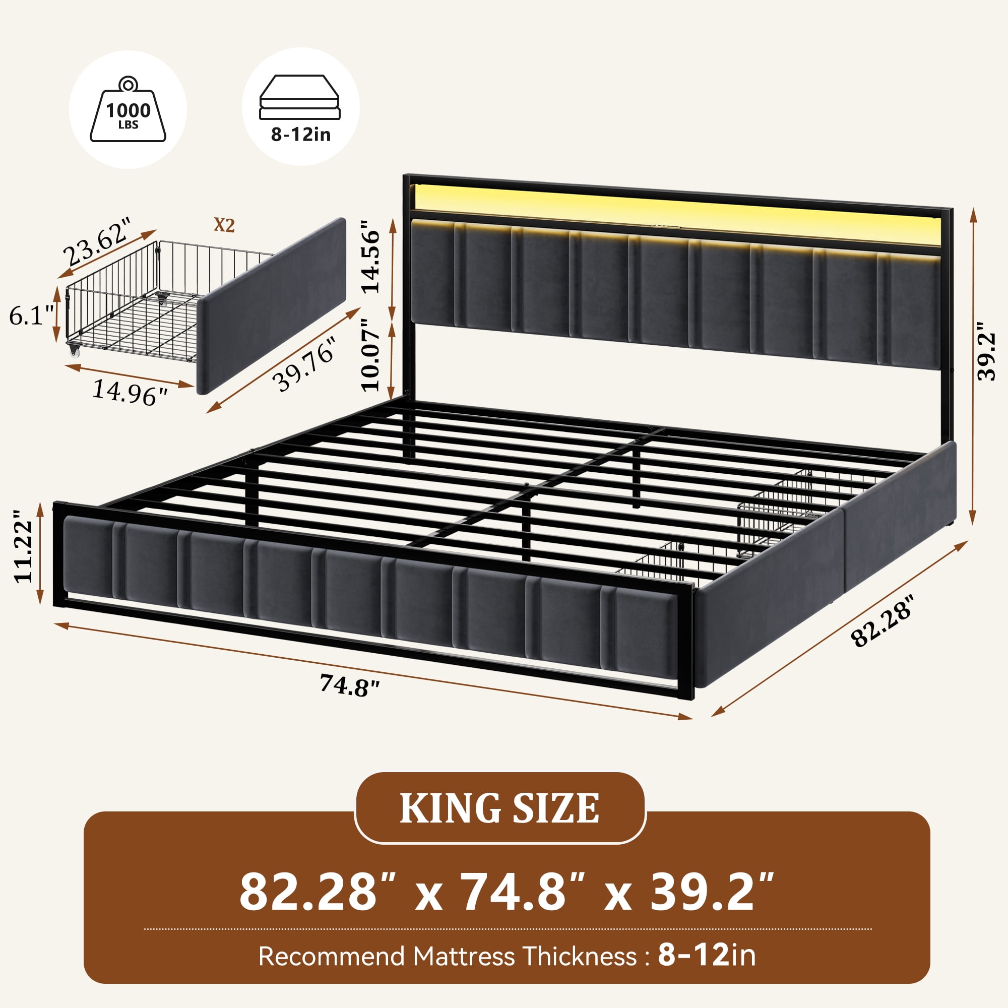 GUNAITO King Bed Frame with Headboard, Platform Bed with 2 Drawers, Velvet Upholstered Bed Frame with LED Lights & Charging station，Dark Grey
