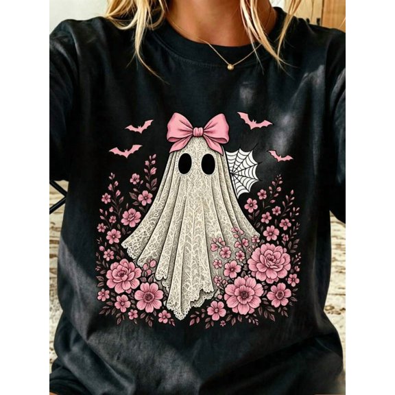 Ghost Halloween Women's T-Shirt Halloween Outfit Casual Soft T Shirt Coquette Bow Lace Ghost Round Neck Loose Casual Tees Halloween Gift