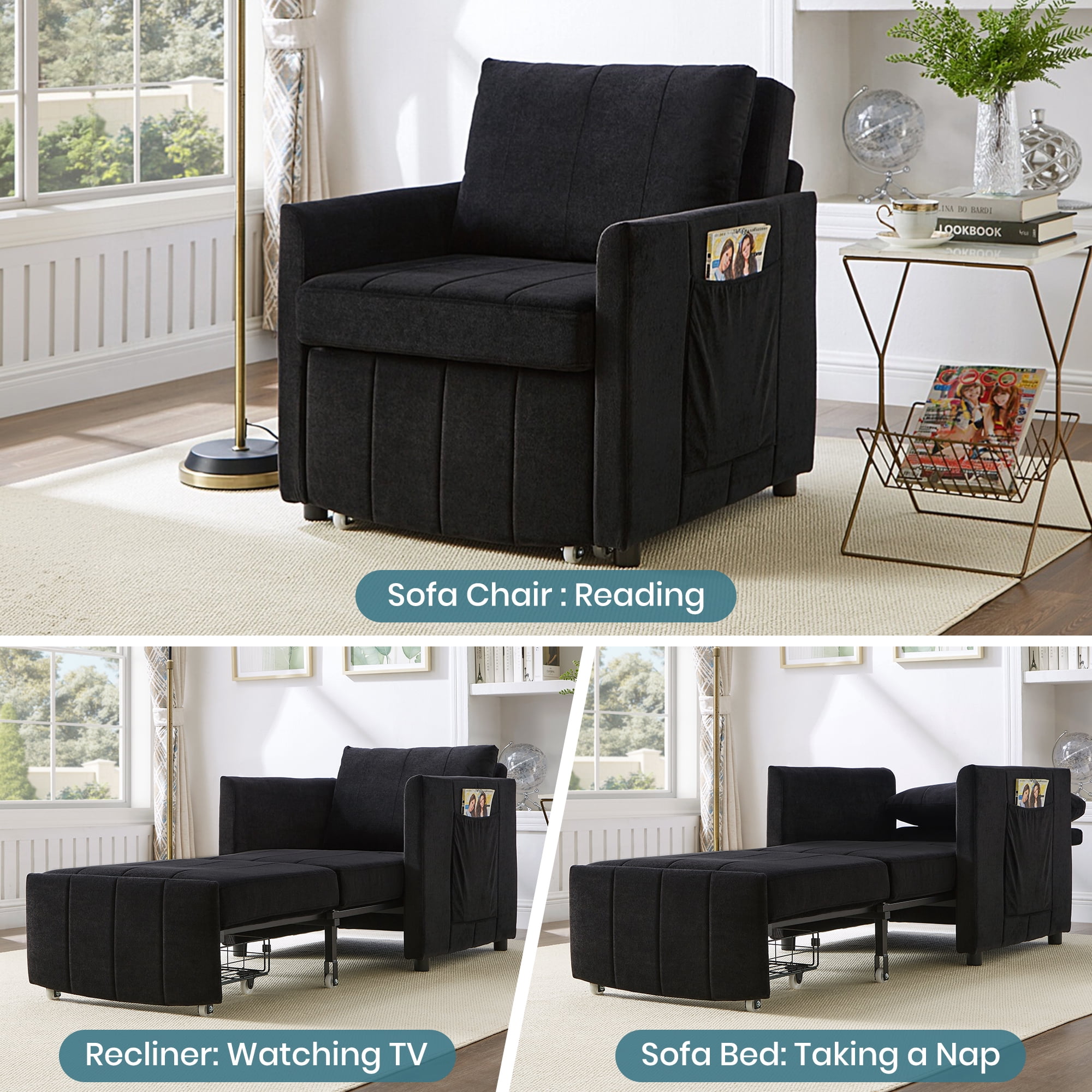 Convertible Sleeper Chair Bed, 31.5" Upholstered Pull Out Sofa Bed with 5-Position Adjustable Backrest, Fold Out Chair Bed for Living Room, Apartment, Black