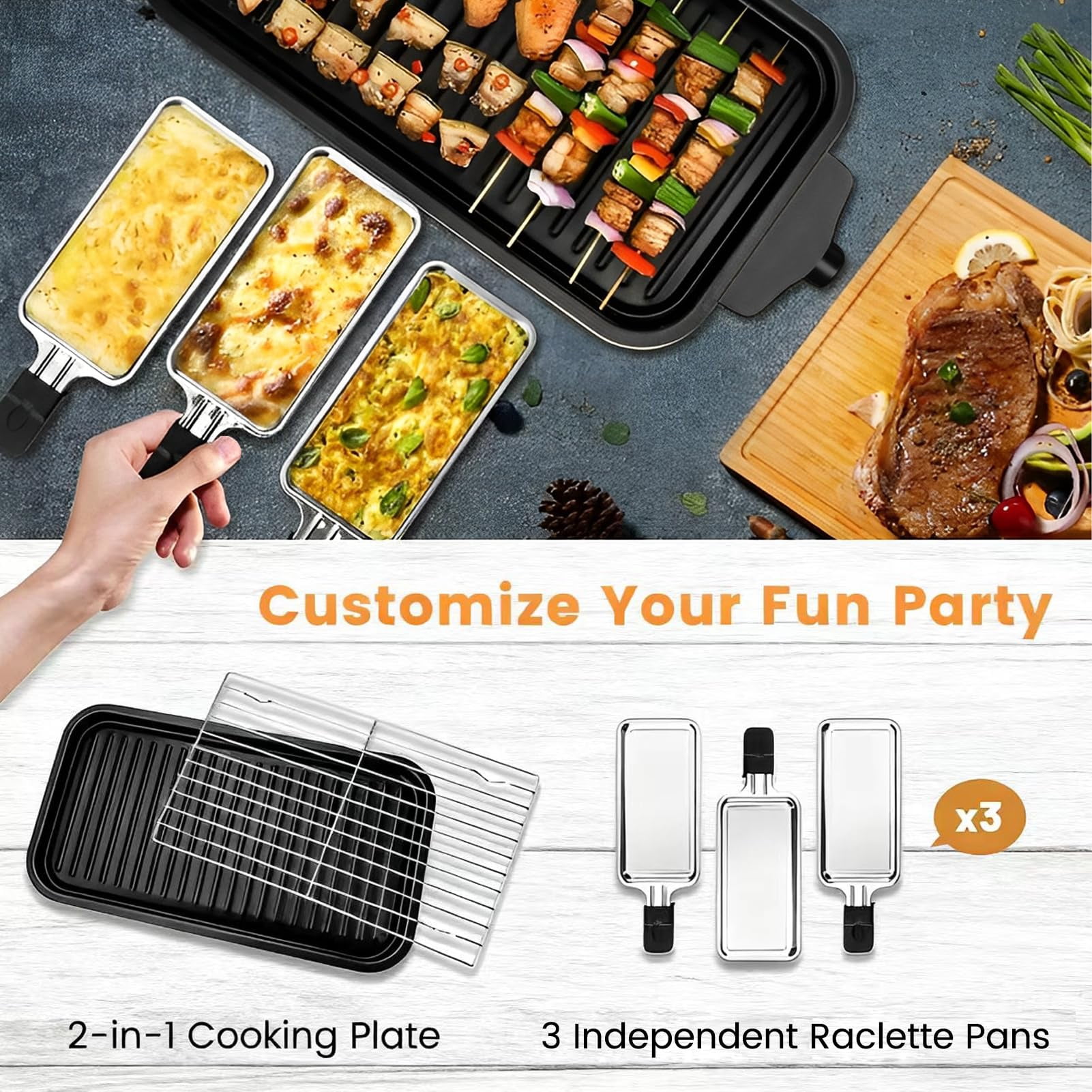 Electric Griddle 2-in-1 Indoor Grill, Black, 1700W with Removable Plates