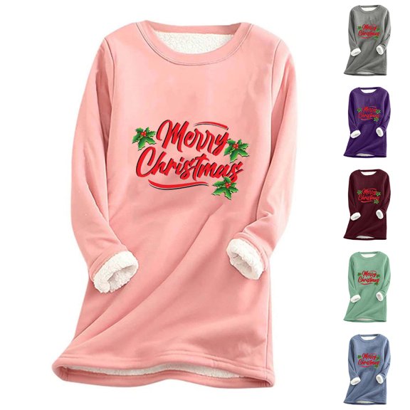 VALMASS Merry Christmas Sweatshirts for Women Plus Size Printed Long Sleeve Tops Winter Warm Crewneck Plush Sweatshirts (S, A Pink)