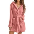 thumbnail image 1 of GESJQFZ Women Plush Hooded Shawl Collar Tie Waist Long Sleeve Bathrobe with Pockets, 1 of 7
