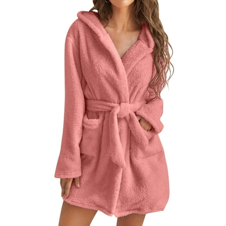 

GESJQFZ Women Plush Hooded Shawl Collar Tie Waist Long Sleeve Bathrobe with Pockets