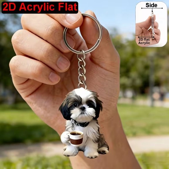 1pc Cute Shih Tzu Holding Coffee 2D Flat Acrylic Keychain, Multi-Functional Key Ring for Car Keys & Backpack Decoration
