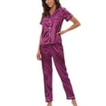 thumbnail image 4 of SWSMCLT Women's Satin Pajamas 2 Piece Pjs Summer Fall Button Pajama Set Soft Short Sleeve Pant Silky Lightweight Cool Spring Purple X-Large, 4 of 5
