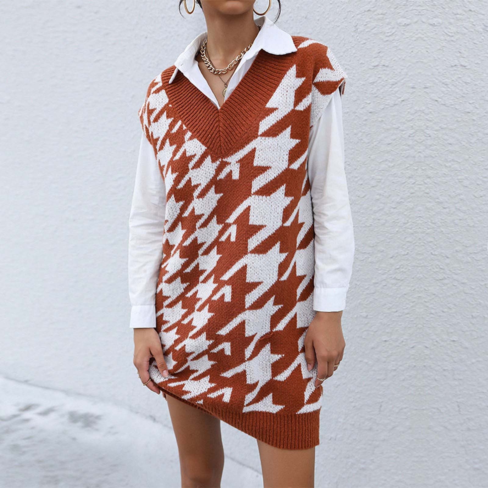 Houndstooth Sweater Dress for Women Fall V Neck Sleeveless Vesy Dress  Chunky Pullover Knit Sweaters Jumper - Walmart.com