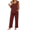 thumbnail image 2 of Elvqul Loose Fit Sleeveless Square Neck Knit Fabric Long Pants Ruffled Hem Side Pockets Pajama Set Sleepwear Loungewear Ruffled Hem Pjs Flutter Strap Pjs Ruffle Detail Pajamas, 2 of 7