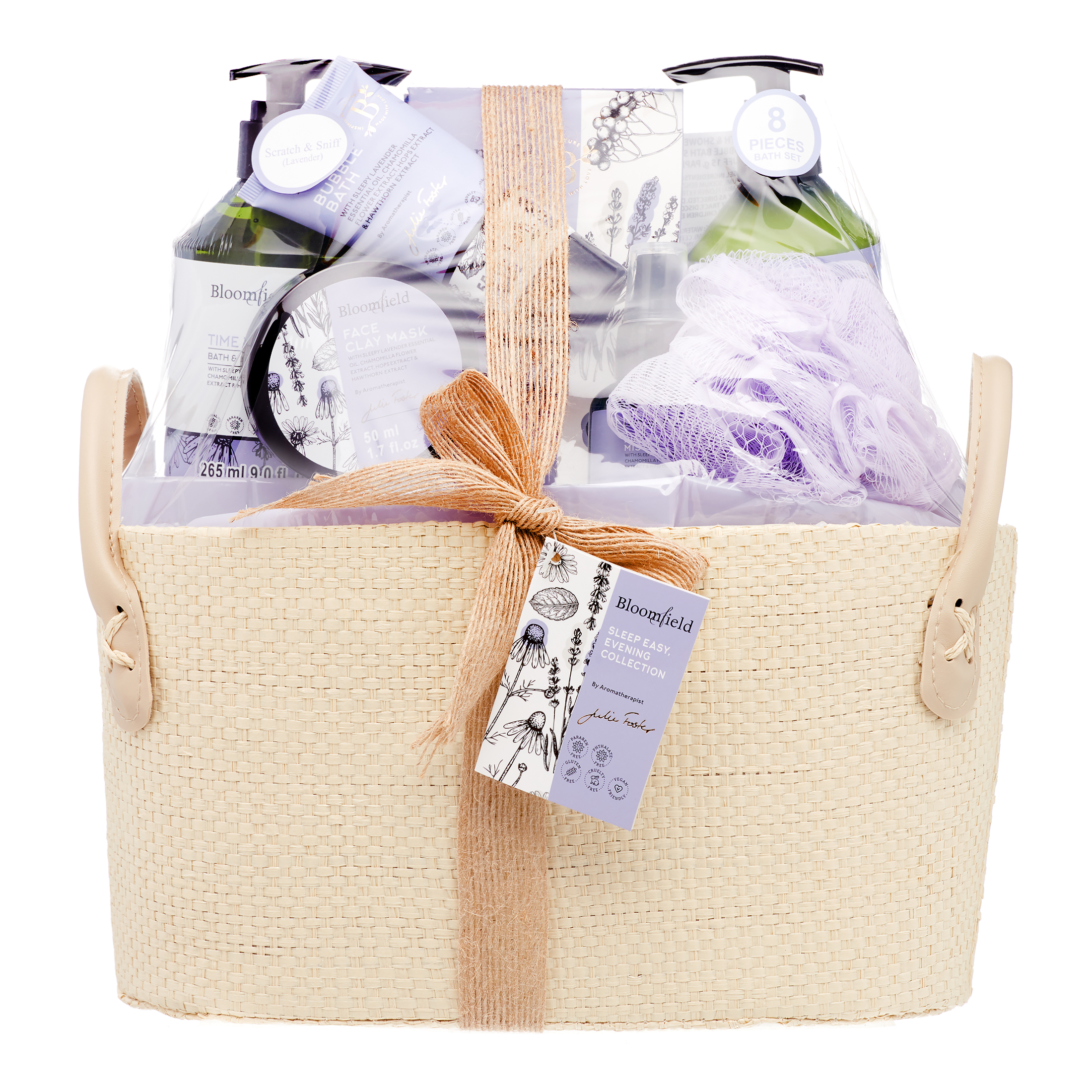 Aromanice Bloomfield Sleep Easy, Evening Bath Gift Basket, 8 Pieces