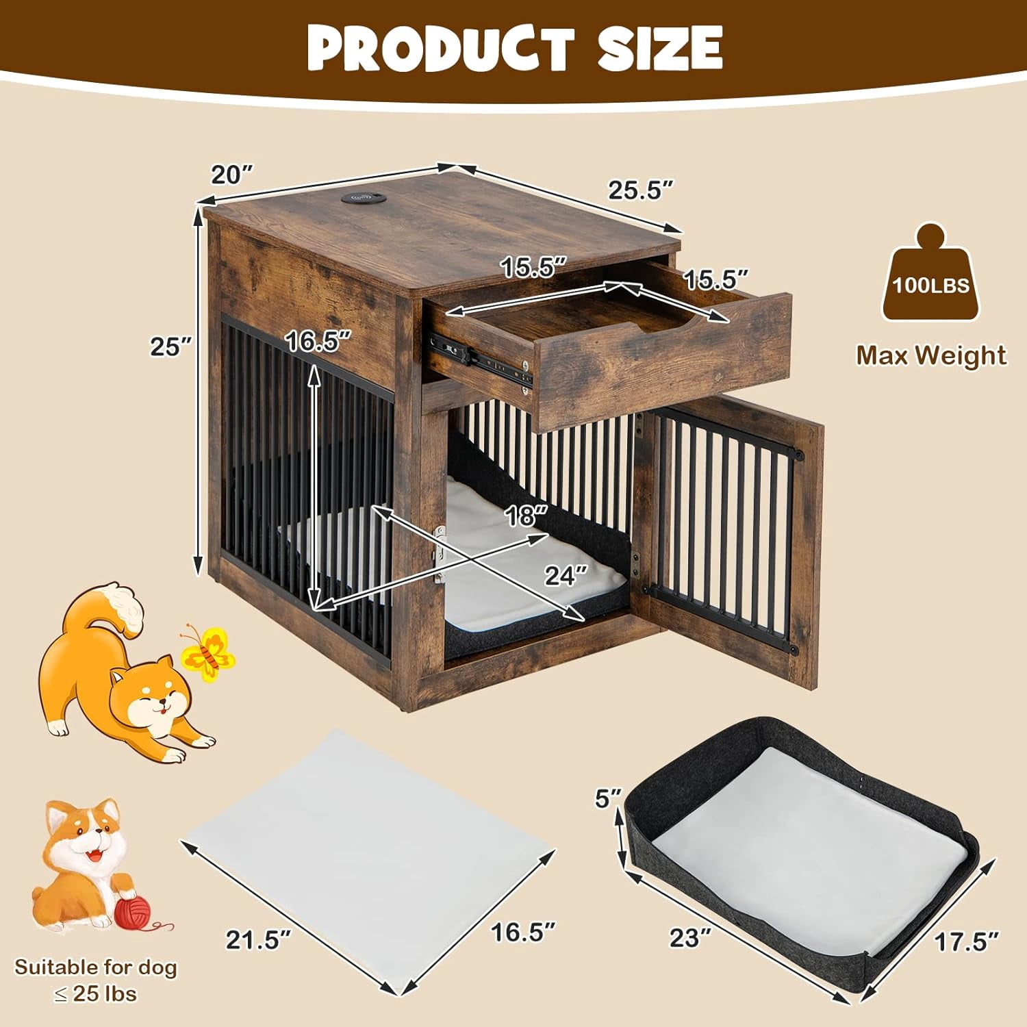 Furniture Style Dog Crate, Decorative Dog Kennel End Table with USB & Wireless Charging Station, Storage Drawer, Indoor Dog House for Small Dogs (Rustic Brown)