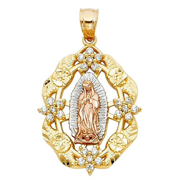 Wellingsale 14K Tri 3 Color Gold Polished Milgrain Ornate Religious Our Lady Of Guadalupe Pendant with CZ and Flower Accents