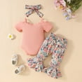 thumbnail image 5 of Odeerbi Baby Boys Girls Outfits Cotton Jumpsuit Rib Knit Romper with Floral Flared Pants Set Solid Color Short Sleeve Knitting Crawling Bodysuit Headband Set Baby Clothes Pink, 5 of 8