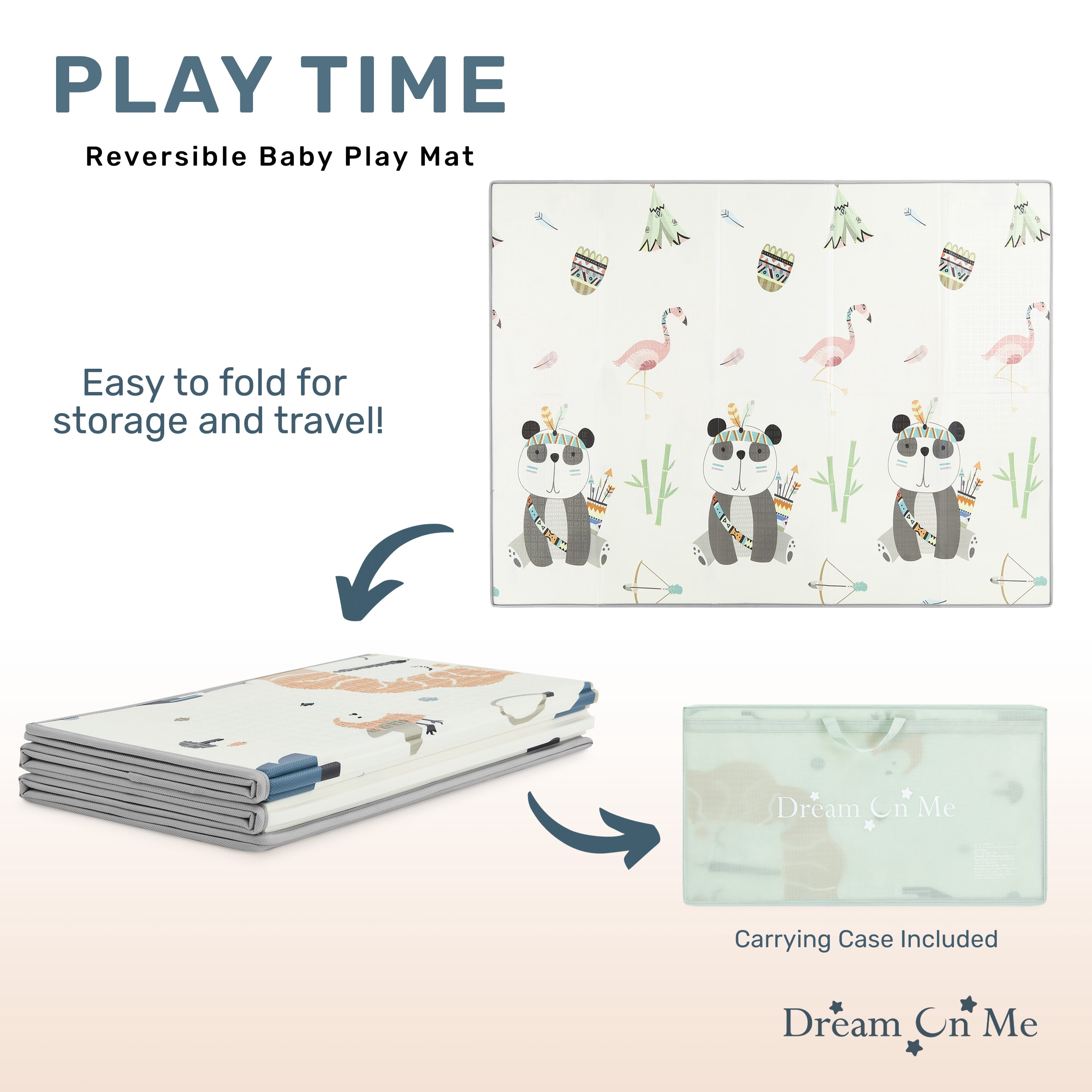 Dream On Me Play Time Reversible Baby Play Mat Foldable Extra Large Thick Foam Crawling Playmats for Toddlers Waterproof Portable Playmat Yoga/Picnic/Game Mat Indoor/Outdoor, Giraffe and Dinosaur