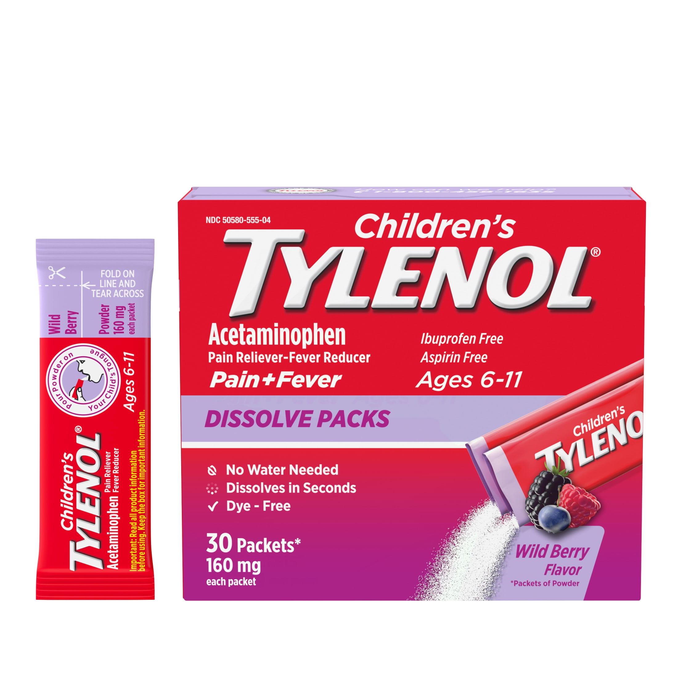 Children's Tylenol Acetaminophen Dissolve Packets, Wild Berry, 30 Count