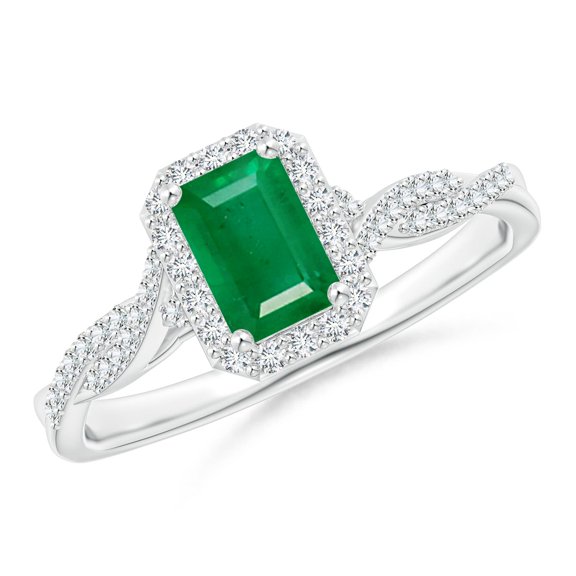 ANGARA Natural 0.5 Ct. Emerald with Diamond Halo Ring in 14K White Gold for Women (Ring Size: 8)