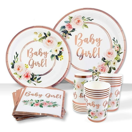 Baby Shower Tableware Plates and Napkins, Baby Girl Decorations | 25 Servings With Rose Gold Foil, Pink Floral Paper Plates, Napkins, Dessert Plate, Disposable Cups | Tea Party Supplies