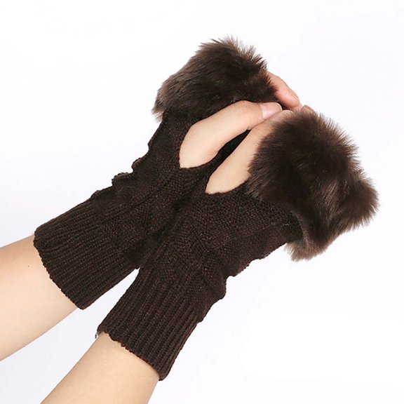 Faux Fur Arm Warmers Fingerless Thumb Hole Wrist Gloves Knitted Mitten Winter Gift Warm Gloves for Women(Coffee)
