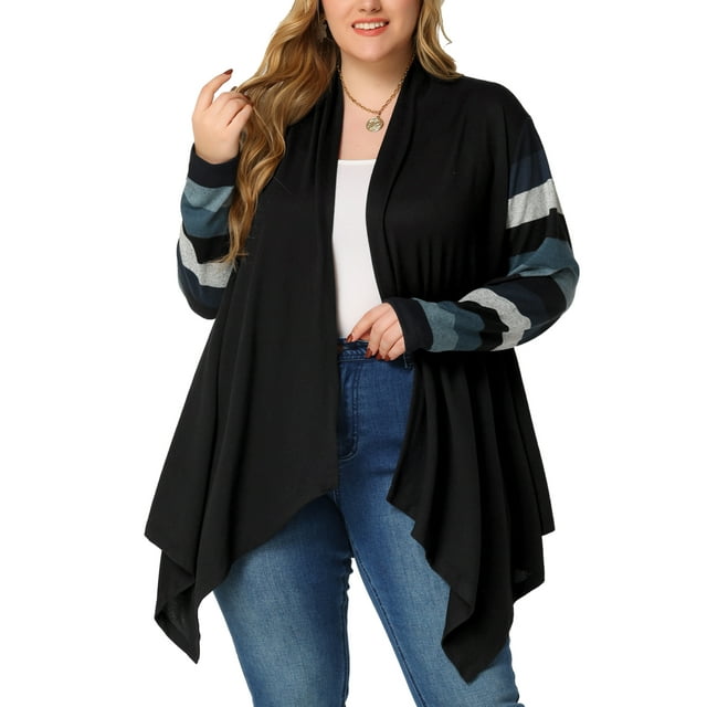 Cárdigan de talgrande pamujer Cárdigan de punto con bloques de color asimétricorayas Navidad Negro 4XL