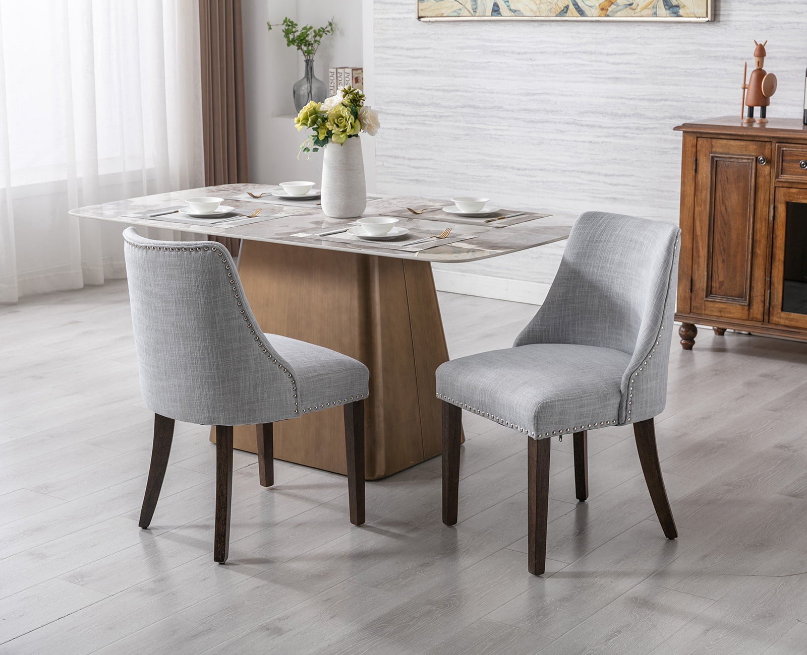 Guyou Dining Chairs Set of 2, Mid Century Modern Linen Upholstered Farmhouse Side Chairs with Nailhead and High Back for Kitchen Restaurant, Grey