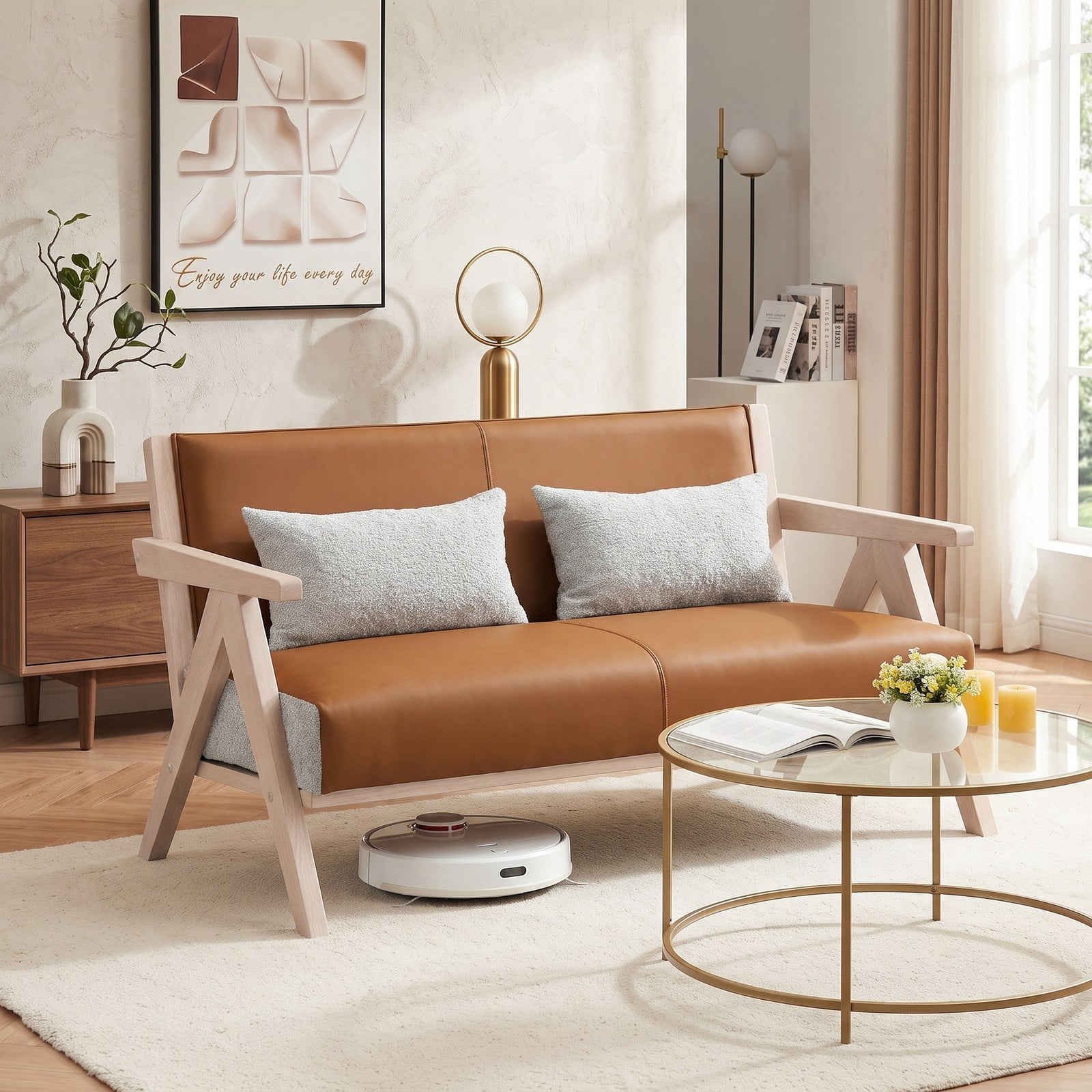 Furnibear Loveseat Sofa for Small Spaces, Modern 2-Seater Upholstered Chenille & Faux Leather Couch with 2 Throw Pillows, Rubber Wood Frame, Pocket Spring, Brown