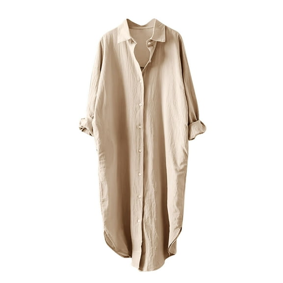 Fancifize Women Oversized Long Shirts Roll Sleeve Button Down Cotton Linen Shirt Jacket Casual Loose Fall Shirt Dress Tops Fashion Outfits