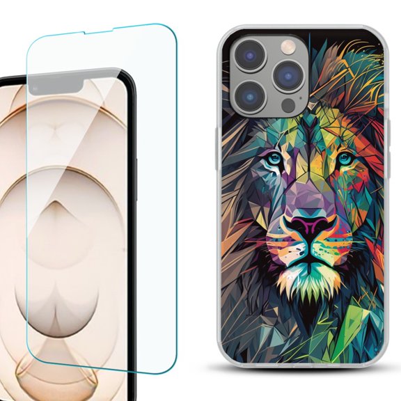 OneToughShield ® for iPhone 15 Pro Max Shockproof Fashion Phone Case, with Tempered Glass Screen Protector - Geometric Lion