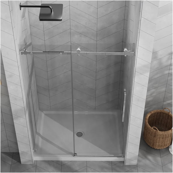 JERFIT 48x72 inch Frameless Sliding Shower Door Kit with 48x32 Inch Acrylic Shower Pan, 1/4 Inch Tempered Glass, Stainless Steel Hardware, Chrome Finish for Bathroom Remodel