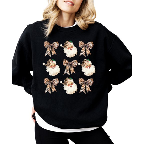 Santa with Leopard Print Hats and Coquette Bows Sweatshirts Christmas Pullover Black Sweatshirt Adult Small