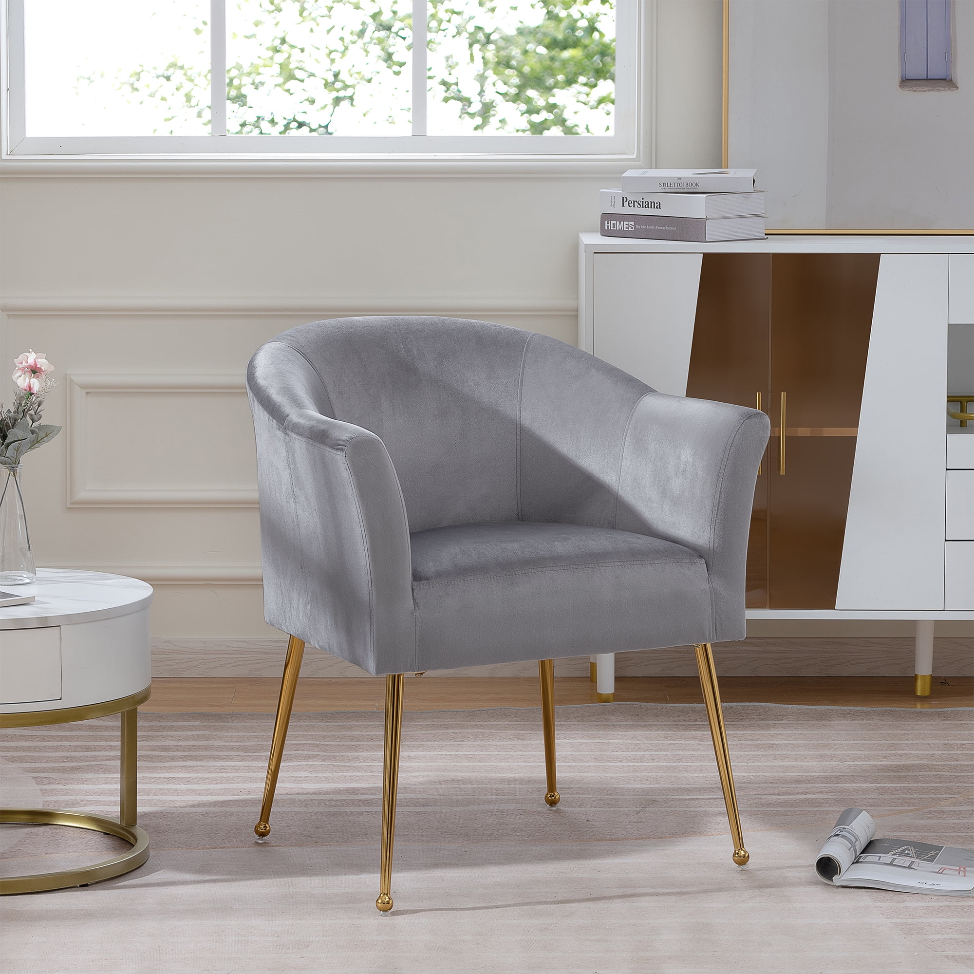 Kadyn Polyester Accent Chair, Modern Armchair with Gold Metal Legs, Single Reading Chair for Living Room, Gray Kadyn Polyester Accent Chair, Modern Armchair with Gold Metal Legs, Single Reading Chair for Living Room, Gray