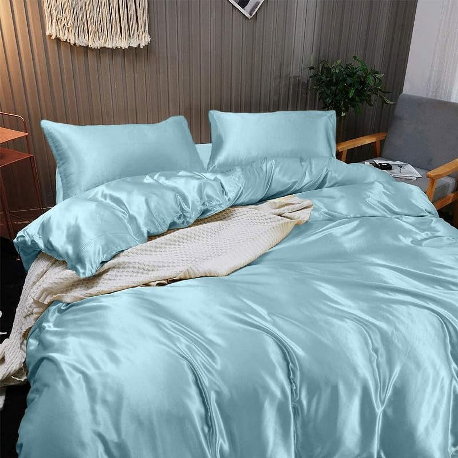Vogue Linen Pure Mulberry Silk Duvet Cover - 16 Momme 6A Graded Silk - 1 Piece Duvet Cover Full/Queen 90" x 90", Light Blue