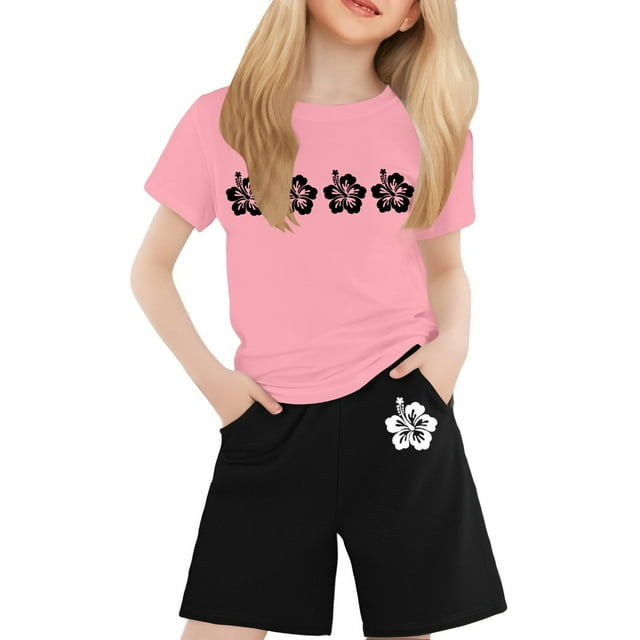 GDREDA Ensemble Mini Pantalon T-Shirt Imprimé Col Rond Manches Courtes pour Garçons et Filles Rose, 6-7 Ans