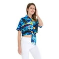 thumbnail image 3 of Women's Hawaiian Tie Front Crop Top Aloha Shirt in Sunset Blue S, 3 of 5