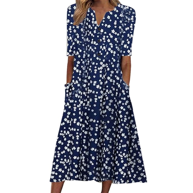 QJUHUNG Midi pour Femmes Été Décontracté Ample Boho Imprimé Floral Col Rond Manches Courtes Robe Froncée Longueur Genou avec Poches