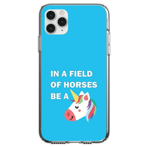 DistinctInk Clear Shockproof Hybrid Case for iPhone 13 PRO (6.1" Screen) - TPU Bumper, Acrylic Back, Tempered Glass Screen Protector - In a Field of Horses, Be a Unicorn - Blue