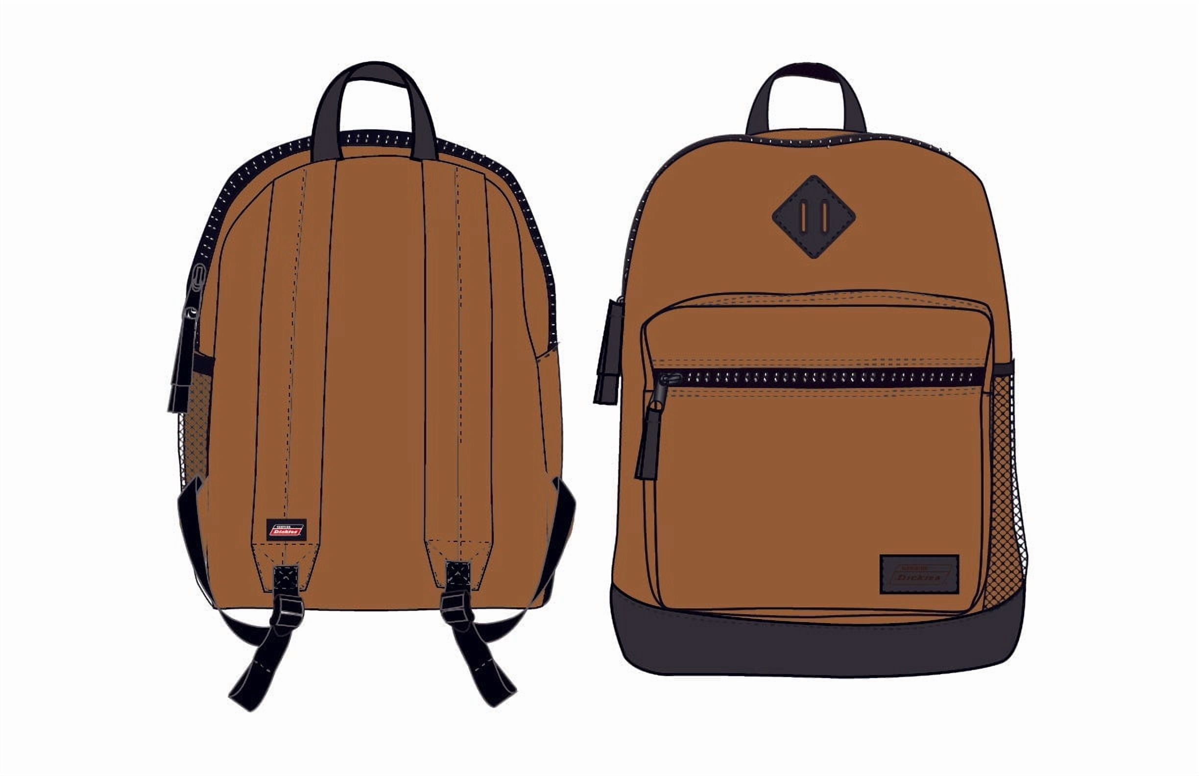 Genuine Dickies Brown Solid Varsity backpack 17.5"x13"x6.5", zip main compartment, front pocket, for daily use unisex sizing 600D polyester, side water bottle pocket, Black faux leather bottom